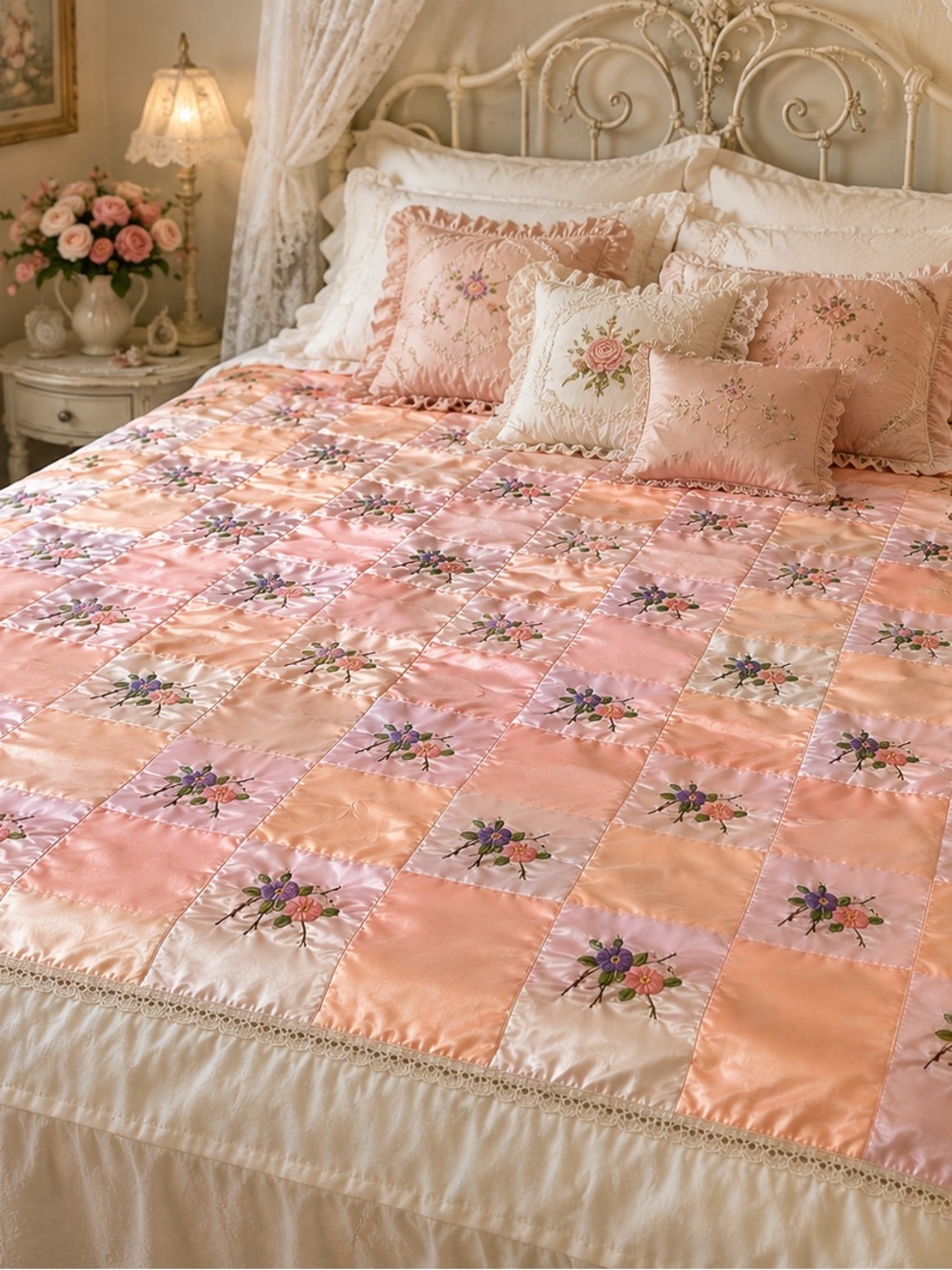 Rare Handmade Vintage Satin Embroidered Floral Bedspread Coverlet 74” x 86”